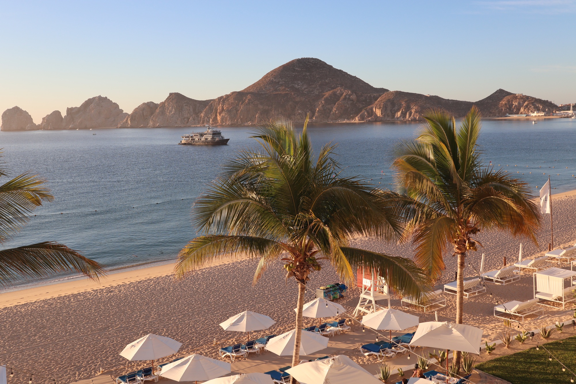 View across the bay to the cape of the bay of Sea of Cortez in Los Cabos, Cabo San Lucas, Mexico